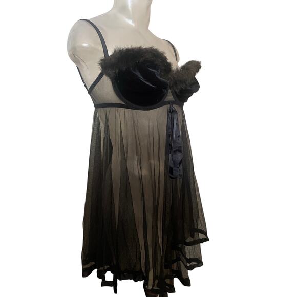 Vintage 1997 VICTORIA’S SECRET Fur Trim Sheer Babydoll Chemise 36C - Picture 4 of 12